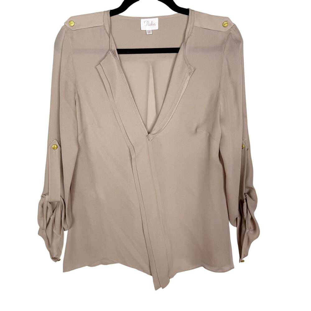 Parker XSmall XS Light Brown Beige Silk Split V Neck Blouse Roll Tab Sleeves